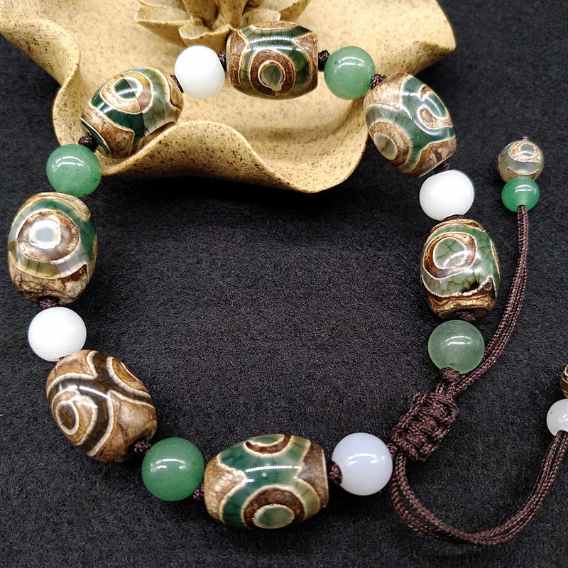 Armband Dzi Perle grün weiß bronze Naturstein elastisch Schutz Glück