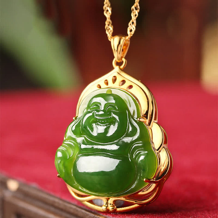 Buddha Anhänger Jade Grün Gold Kette – Gelassenheit
