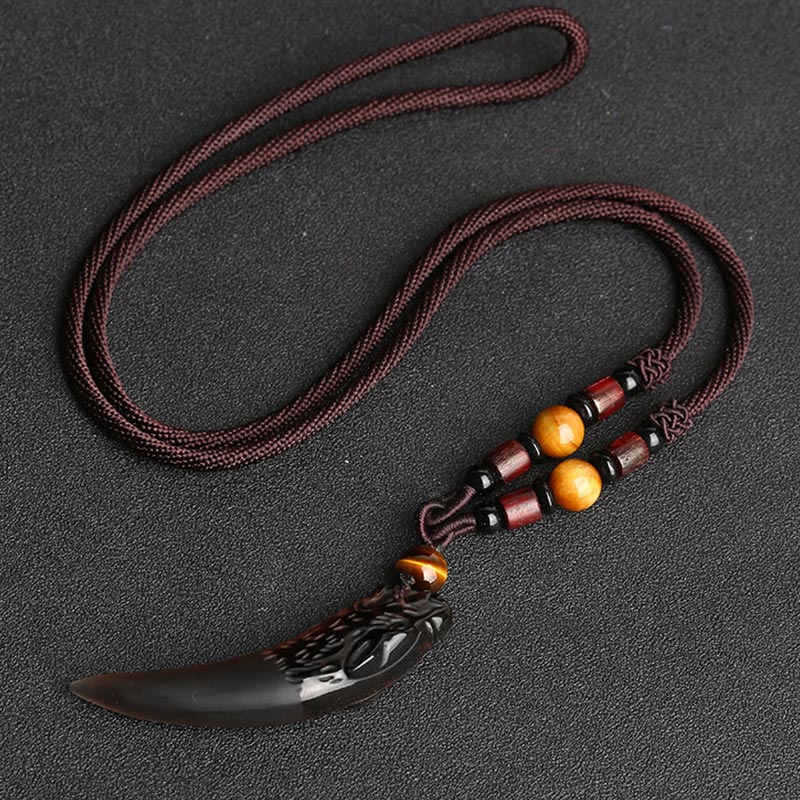 Anhänger Obsidian Wolf Mut Schutz Kette Naturstein schwarz Holzperlen
