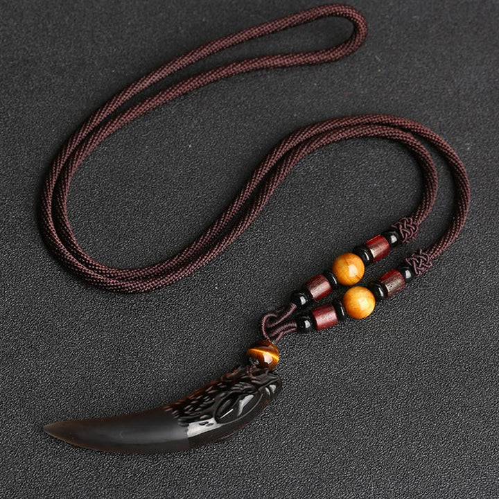 Anhänger Obsidian Wolf Mut Schutz Kette Naturstein schwarz Holzperlen