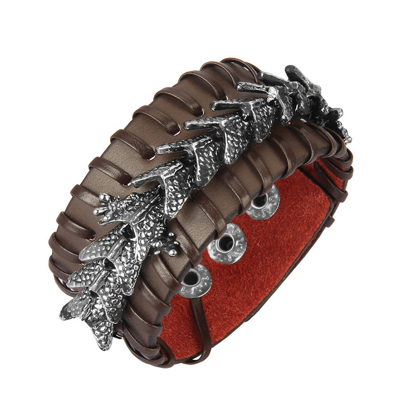 Armband Drachen Schutz Harmonie braunes Leder silberne Verzierungen rotes Innenfutter