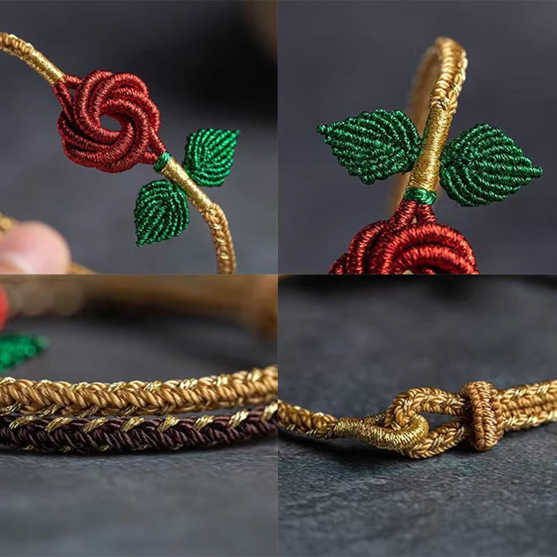 Armband – Glück & Frieden & Energie mit roten Blüten grünen Blättern Handmade