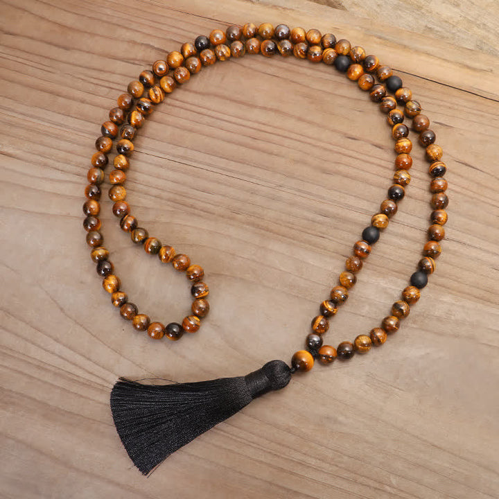 Mala 108 Perlen Tigerauge mit schwarzer Quaste Schutzstein Meditation