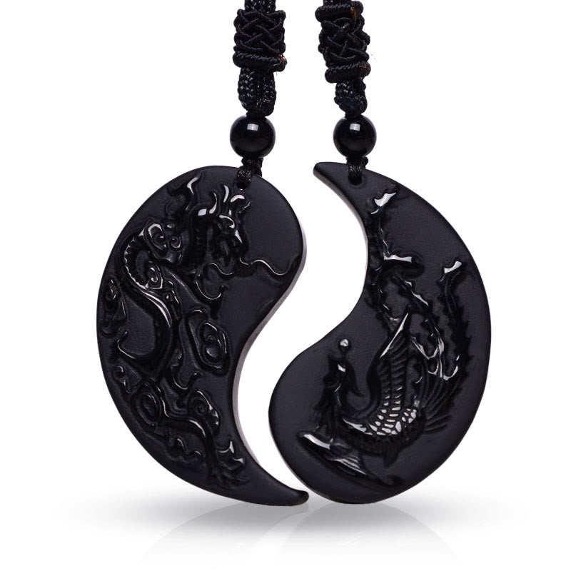 Obsidian Drachen Phönix – Echter Naturstein – Obsidian Drachen Phönix Anhänger Paar schwarze Naturstein Halskette
