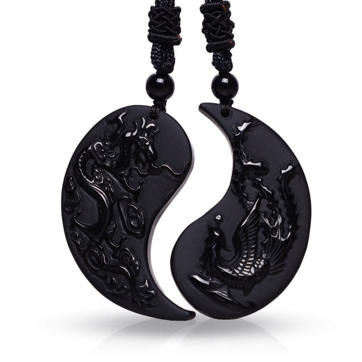 Obsidian Drachen Phönix – Echter Naturstein – Obsidian Drachen Phönix Anhänger Paar schwarze Naturstein Halskette