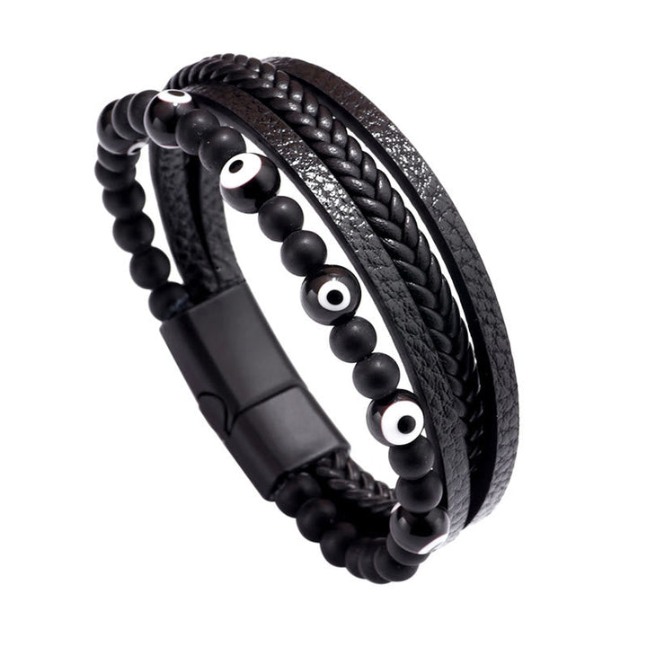 Schwarzes Lederarmband mit Perlen und Böses Auge Schutzsteinen elastisch