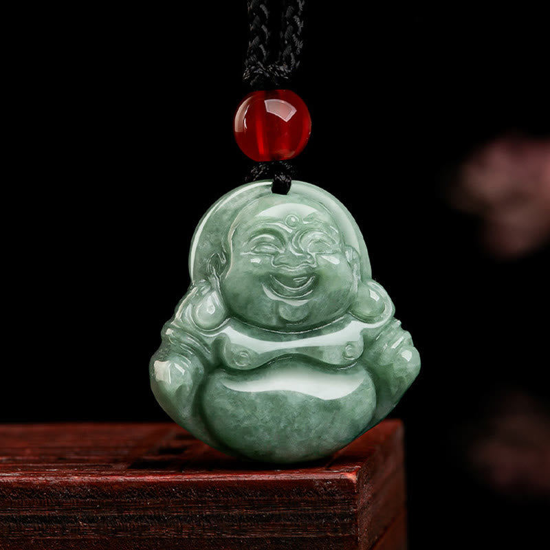 Jade Kette Lachender Buddha Anhänger grüner Naturstein Glück Glücksbringer