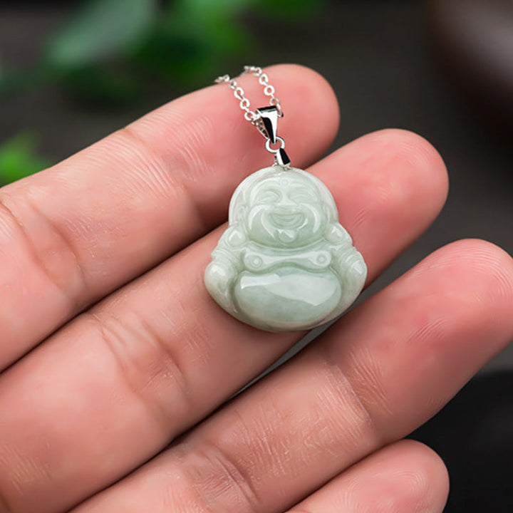 Jade Lachender Buddha Anhänger Halskette Heilstein Segen grün weiß