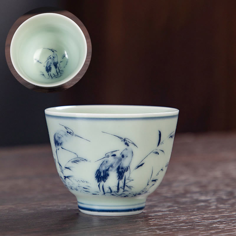 Teetasse Mit Henkel Blaue Landschaft Lotus Katze Schilf mit Reihern