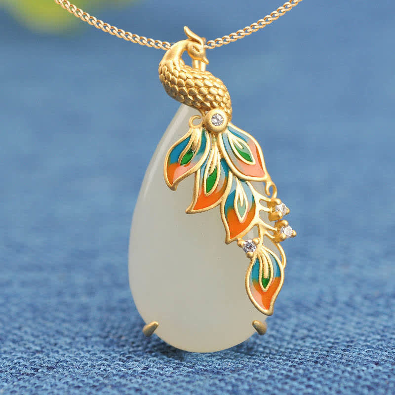 Pfau Jade Anhänger Kette Weisheit Glück