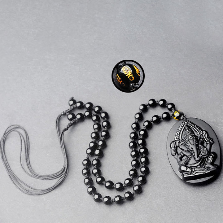 Kette Obsidian Ganesha Wohlstand Segen schwarzer Naturstein Anhänger