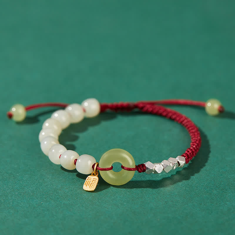 Jadeit Armband 925 Silber grüne Jade weiße Perlen rotes Seidenband Glück.