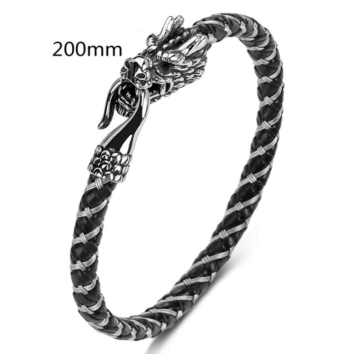 Armband Drachen Schutz Glück Silber Schwarz Leder geflochten Drachen-Motiv