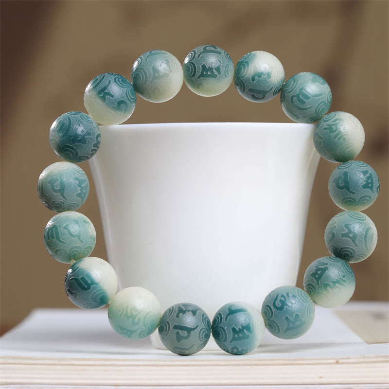 Bodhi Om Mani Padme Hum Armband grüne Jade Perlen elastisch Naturstein.