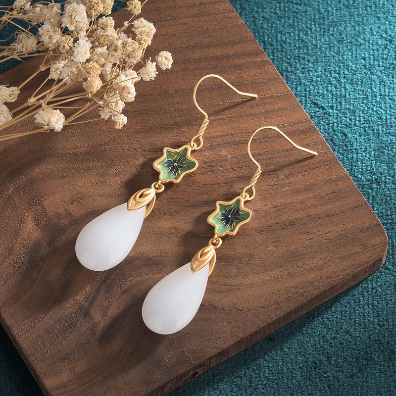 Ohrringe Weiße Jade Glück Tropfen Gold Boho Schmuck spirituell Ohrhänger