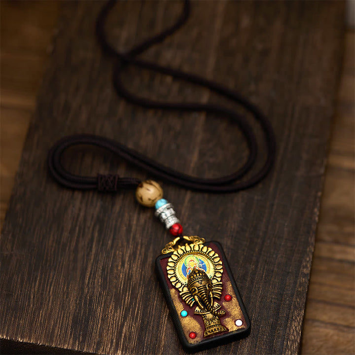 Tibetische Kette Ebenholz Ganesha Anhänger mit Holzperle schwarze Schnur