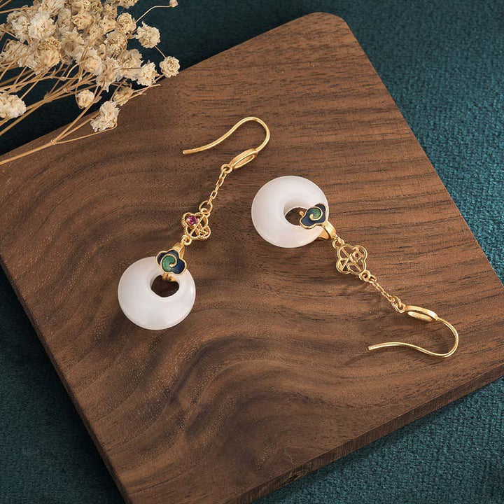Ohrringe Weißer Jade Tropfen – Segen Gold Holz Boho Schmuck spirituell