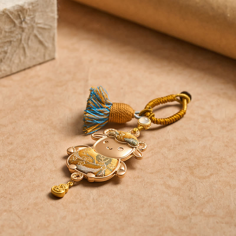 Schaf Schlüsselanhänger Tierkreis Brokat Quaste Gold Glücksbringer spirituell Feng Shui