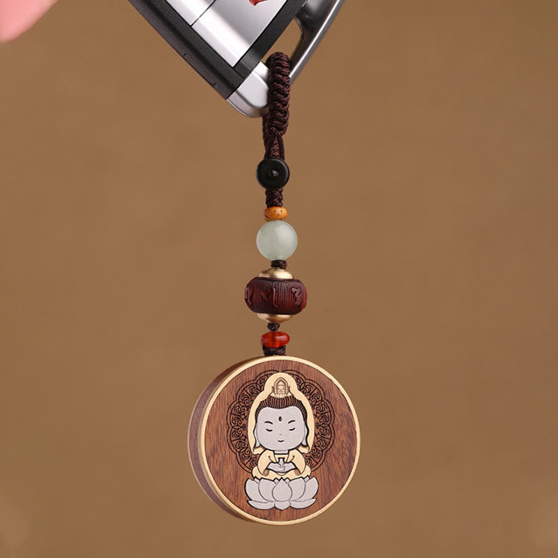 Schlüsselanhänger Buddha Ebenholz – Balance, geschnitzter Holzanhänger mit Jade Perlen spirituell