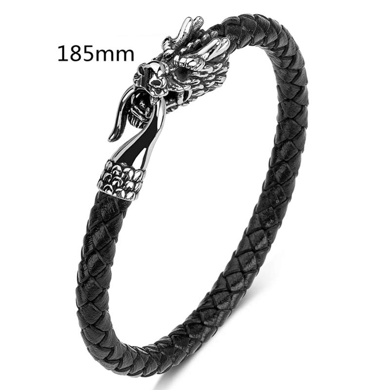 Schwarzes Lederarmband mit Drachen-Verschluss, 185mm Länge, Detailaufnahme.