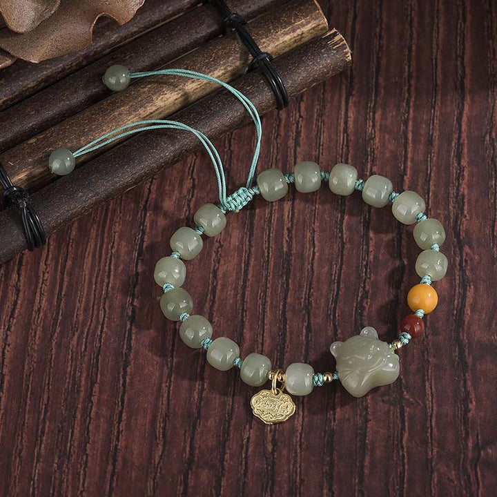Jade Armband Chinesisches Tierkreis Segen mit Perlen elastisch verstellbar