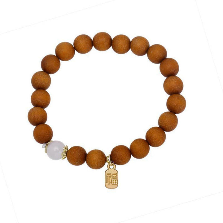 Armband Sandelholz Fu-Zeichen Schutz mit Rosenquarz Charm elegant