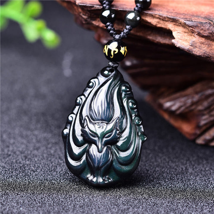 Anhänger Regenbogenobsidian Fuchs Gelassenheit schwarze Kette Naturstein