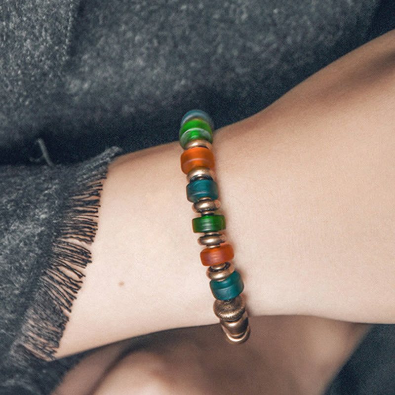 Armband Kupfer Colorful mit grünen orangefarbenen türkisen Perlen elastisch