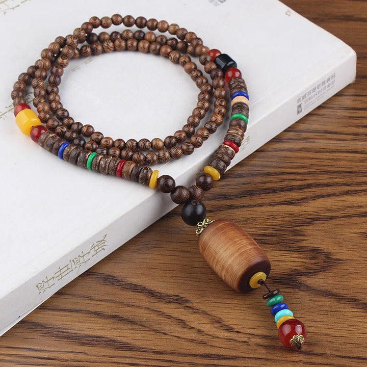 Anhänger Kette Tibetischer Bodhi Achat Harmonie Holzperlen bunt