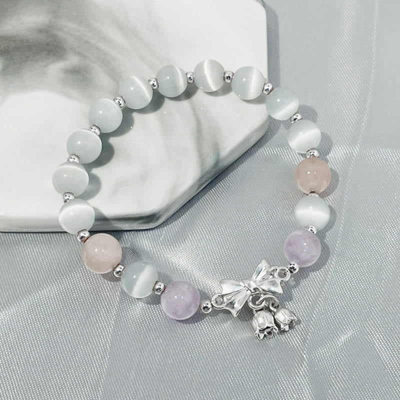 Armband Amethyst Katze mit Rosenquarz und Mondstein Perlen