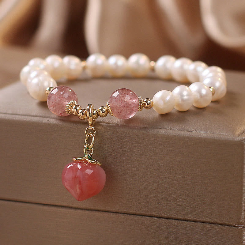 Armband Erdbeerquarz Perle – Liebe Perlenarmband mit rosa Herzanhänger elegant