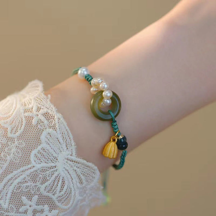 Armband Perle Jade grüner Stein Muschel Anhänger elastisch Handgelenk