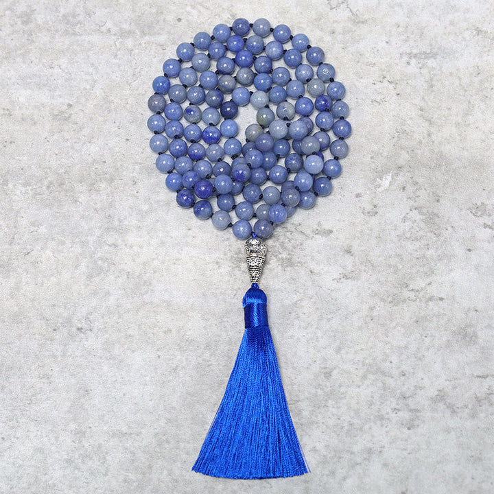 Mala 108 Blau Aventurine Perlen mit blauer Quaste Halskette.