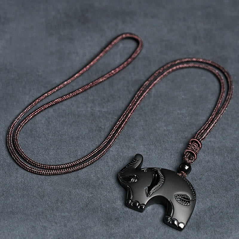 Schwarzer Obsidian Elefant Anhänger Kette Geschnitzt Stärke Symbol