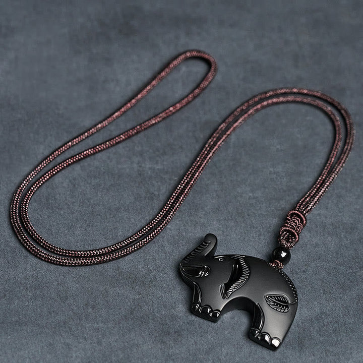 Schwarzer Obsidian Elefant Anhänger Kette Geschnitzt Stärke Symbol