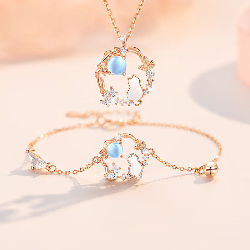 Armband 925 Silber Blume Segen Energie Katze Mondstein Roségold Schmuckset
