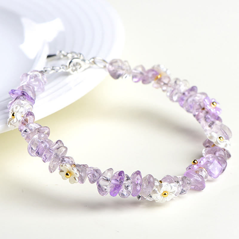 Armband Erdbeerquarz Aquamarin mit Blütenperlen lila Edelstein Schmuck Handgelenk