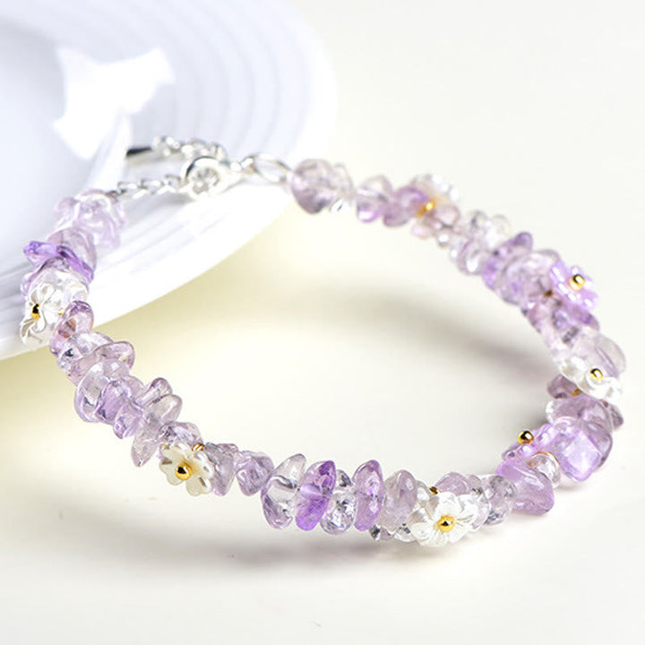 Armband Erdbeerquarz Aquamarin mit Blütenperlen lila Edelstein Schmuck Handgelenk