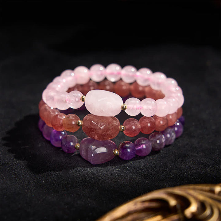 Armband Erdbeerquarz Grüner Aventurin – Liebe Perlen Edelstein Set drei Reihen