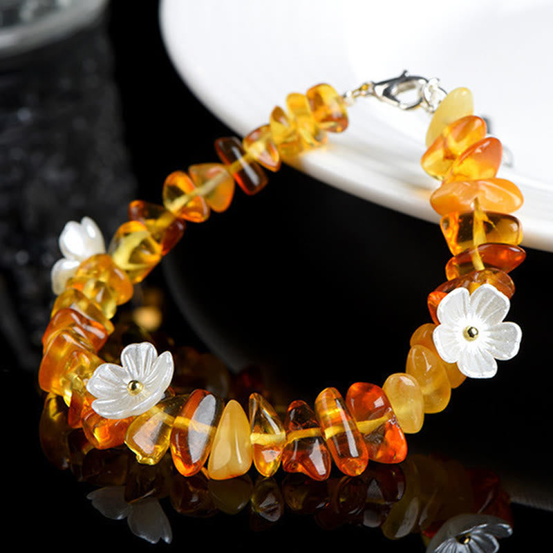 Armband Erdbeerquarz Aquamarin mit Blütenperlen orange Naturstein Schmuck Handgelenk