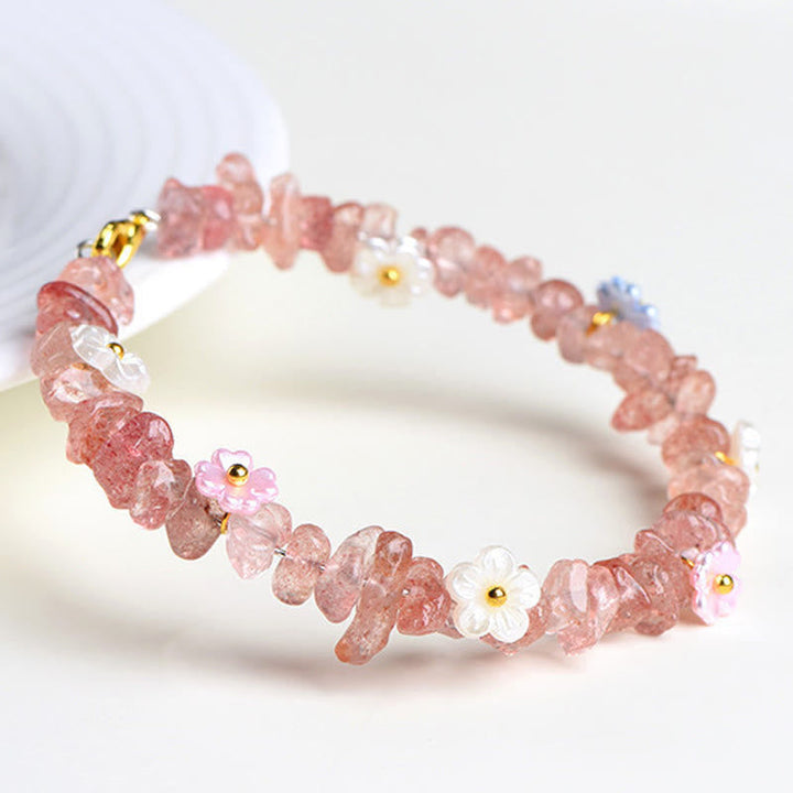 Armband Erdbeerquarz Aquamarin mit zarten Blütenperlen rosa Edelstein Schmuck