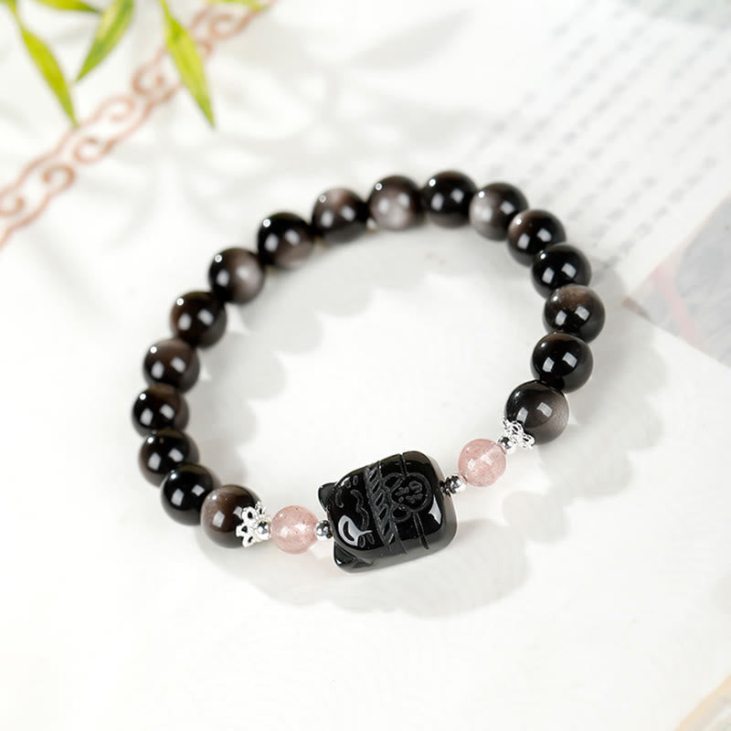 Armband Silber Obsidian Erdbeerquarz Katze Schutz Energie auf Buch