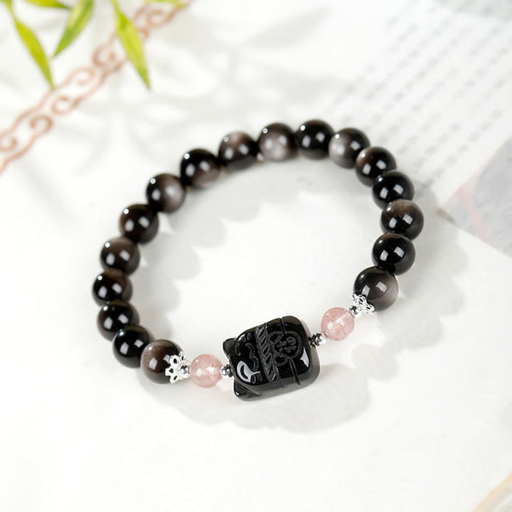 Armband Silber Obsidian Erdbeerquarz Katze Schutz Energie auf Buch