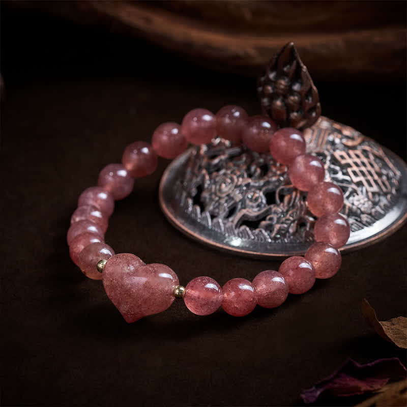 Armband Erdbeerquarz Grüner Aventurin – Liebe mit Herz Anhänger Handgelenk