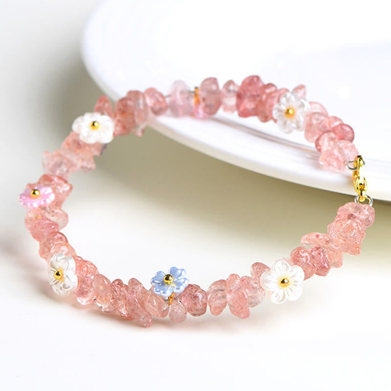 Armband Erdbeerquarz Aquamarin mit Blütenperlen zart rosa Schmuck Handgelenk