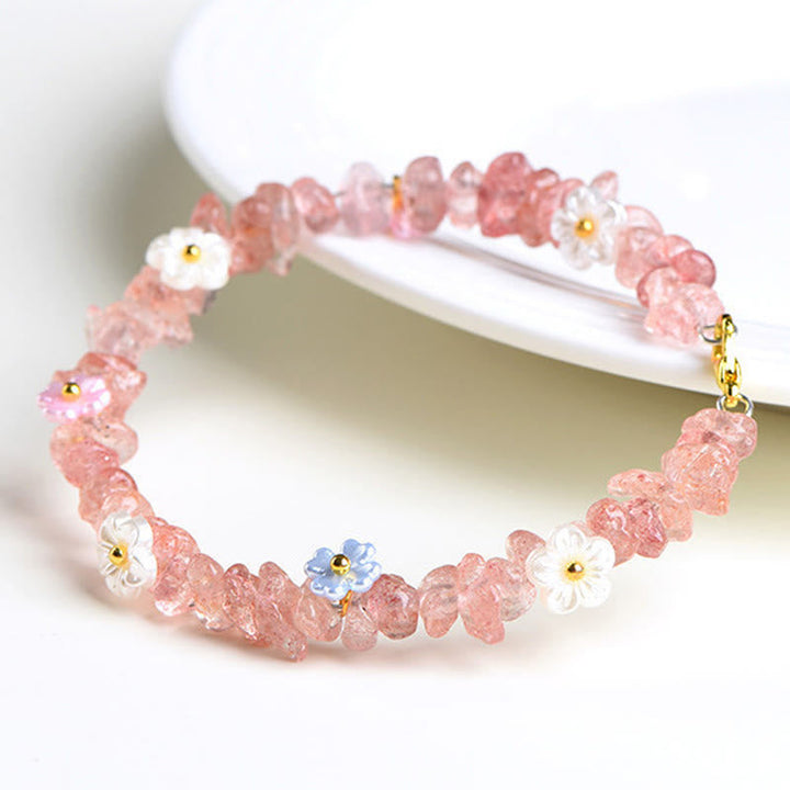 Armband Erdbeerquarz Aquamarin mit Blütenperlen zart rosa Schmuck Handgelenk