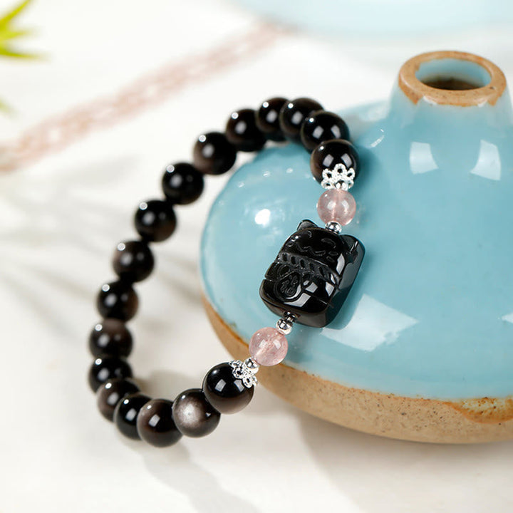 Armband Silber Obsidian Erdbeerquarz Katze Schutz Energie Schmuck Handgelenk