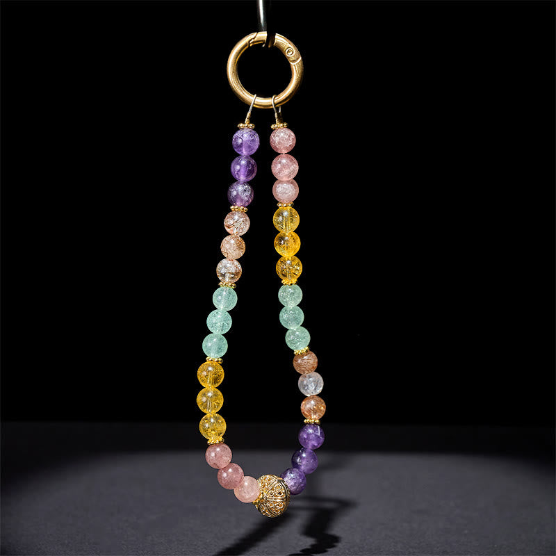 Schlüsselanhänger Amethyst & Erdbeerquarz – Balance mit bunten Edelsteinperlen und goldenem Ring