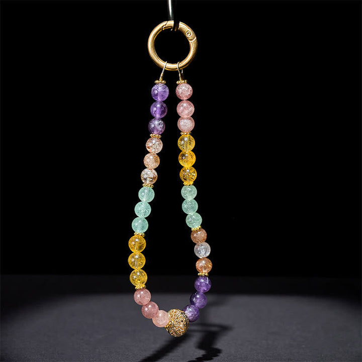 Schlüsselanhänger Amethyst & Erdbeerquarz – Balance mit bunten Edelsteinperlen und goldenem Ring