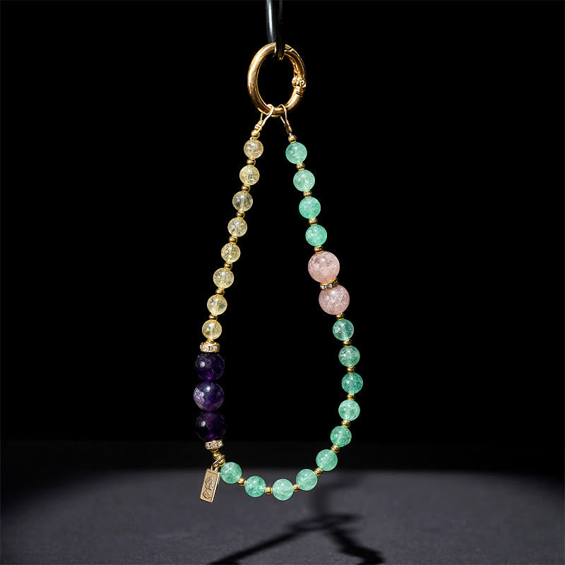 Schlüsselanhänger Erdbeerquarz Citrin Krone Amethyst Perlen spirituell Glücksbringer